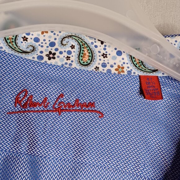 Robert Graham Shirt Mens 47(38/39)Tall SkyBlue Herringbone Long Sleeve Flip Cuff - Picture 11 of 13